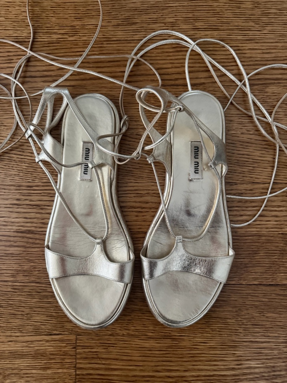 Miu Miu Gold  Metallic Lace-Up Gladiator Sandals